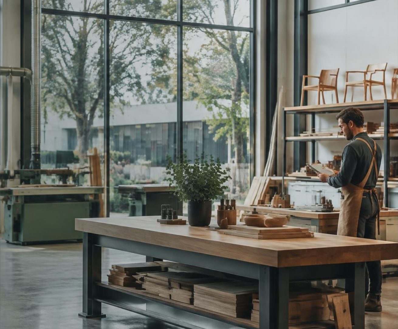 Business owner reviewing plans in his workshop
